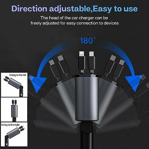 Adjustable car charger with 180-degree rotation for easy connection.