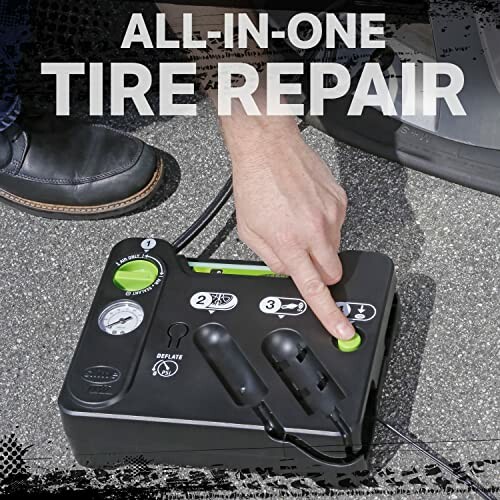 All-in-one tire repair kit with hand pressing button.