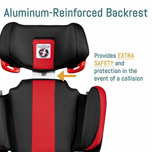 Car seat with aluminum-reinforced backrest for extra safety in collisions.