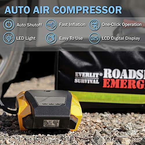 Auto air compressor with features like auto shutoff, fast inflation, one-click operation, LED light, easy to use, and LCD display.