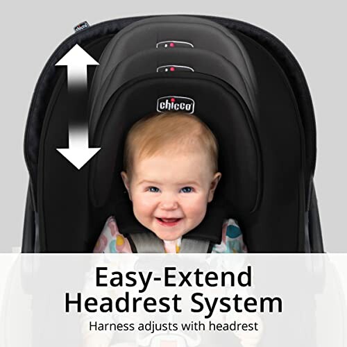 Baby in car seat with easy-extend headrest system.