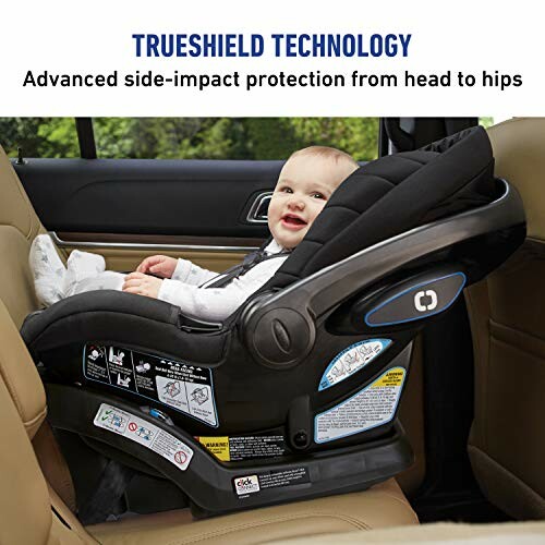 Baby in car seat with TrueShield technology for side-impact protection.