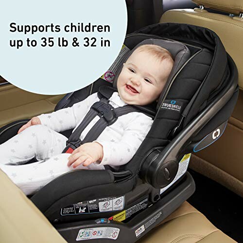 Baby in a car seat, supported for 35 lb and 32 in.