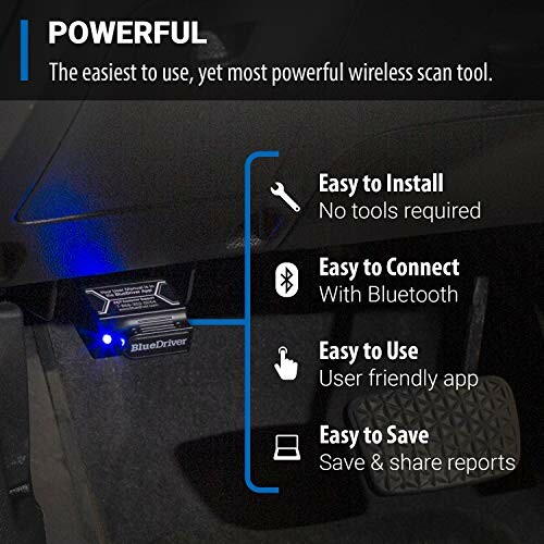 BlueDriver OBD2 scan tool installed under dashboard with features listed.