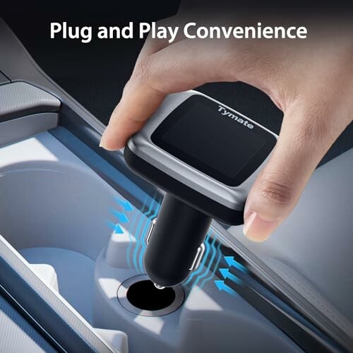 Hand inserting car charger into socket with text 'Plug and Play Convenience'.