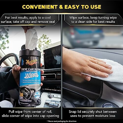 Instructions for using car cleaning wipes inside a vehicle.