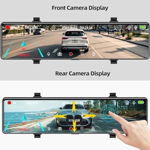 Dual dashcam display showing front and rear camera views with navigation and speed indicators.