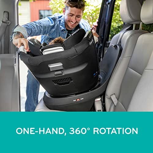 Man using car seat with one-hand 360-degree rotation feature in vehicle.