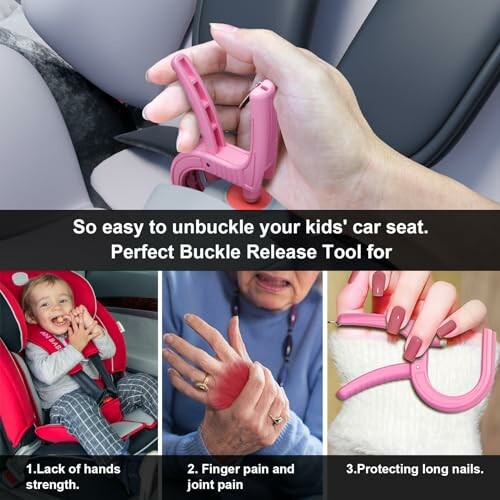 Tool for easier unbuckling of kids' car seats with benefits for those with hand strength issues, finger pain, and long nails.