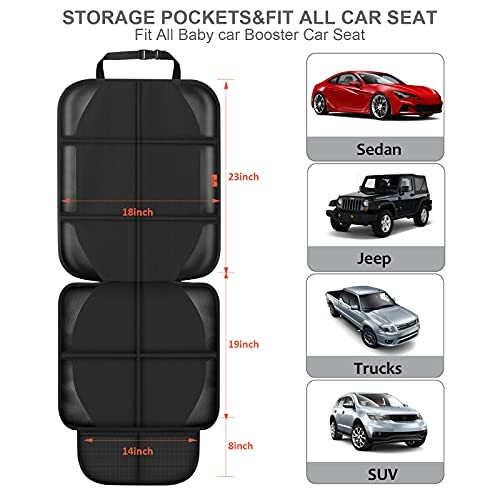 Car seat protector with storage pockets for various car types including sedan, jeep, trucks, and SUV.