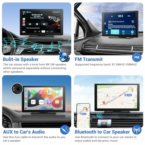 Four car stereo features: built-in speaker, FM transmit, AUX to car's audio, Bluetooth to car speaker.