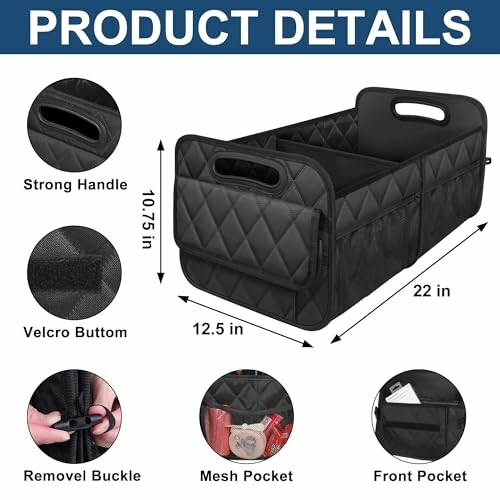 Black car trunk organizer with strong handle, Velcro bottom, removable buckle, mesh pocket, and front pocket. Dimensions: 22 x 12.5 x 10.75 inches.