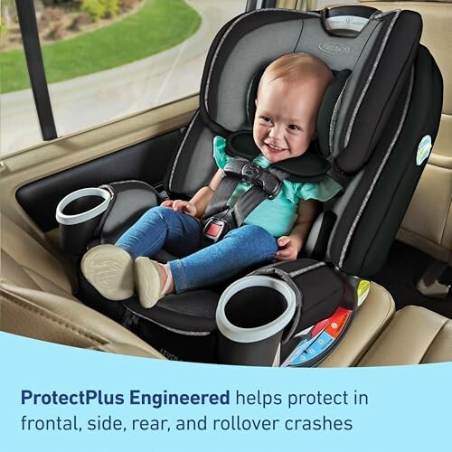 Child sitting in a safety car seat with ProtectPlus Engineering