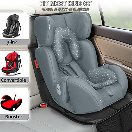 Gray child safety car seat in a car with features highlighted.