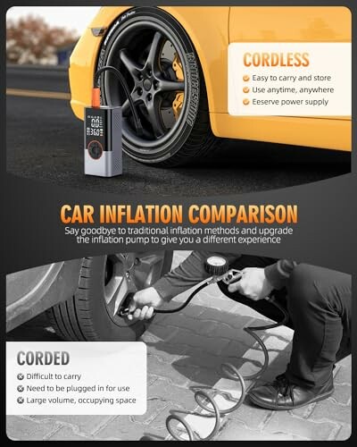 Comparison of cordless and corded car inflators with features listed.