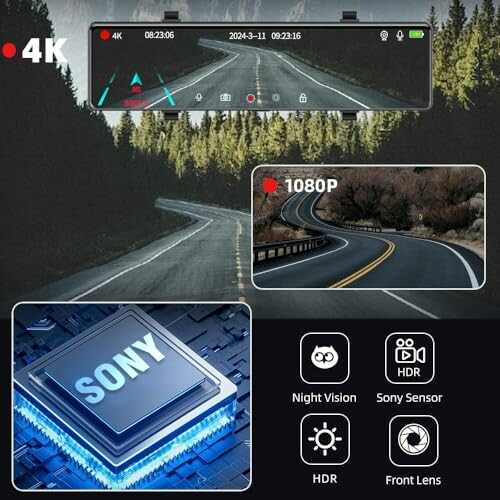 Dashcam display showing features like 4K resolution, 1080P, night vision, Sony sensor, HDR, and front lens.