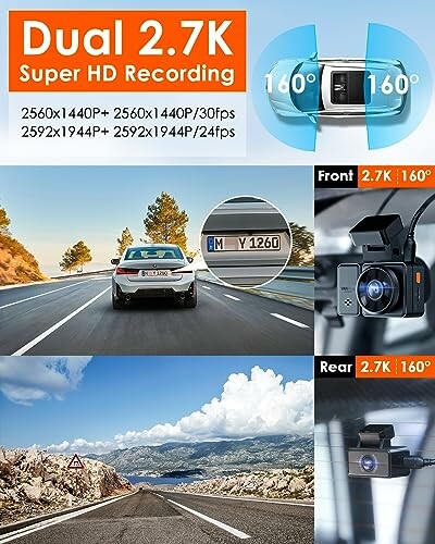 Dual 2.7K dash cam with front and rear recording, 160-degree view