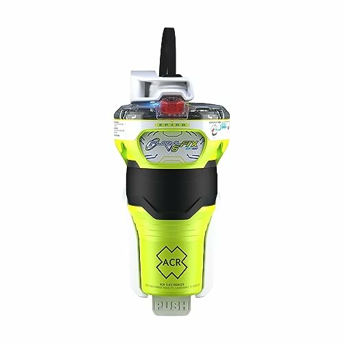 Emergency beacon device with neon green and black design.