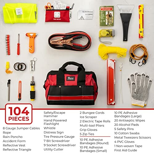 104-piece emergency car kit with tools and safety supplies.