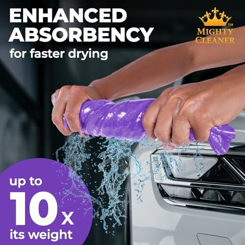 Hands wringing a purple towel over a car with text 'Enhanced Absorbency for faster drying, up to 10x its weight'.