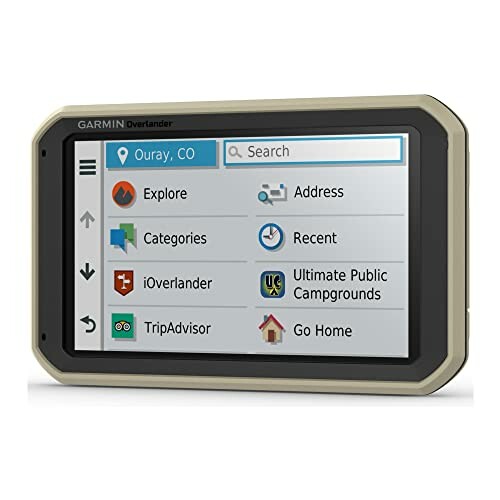 Garmin Overlander GPS device displaying navigation options on screen.