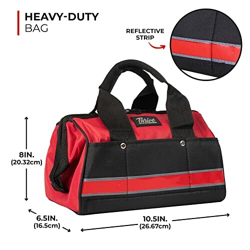 Heavy-duty red and black tool bag with reflective strip and dimensions.