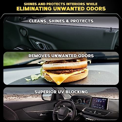 Car interior cleaner advertisement highlighting protection, odor removal, and UV blocking.