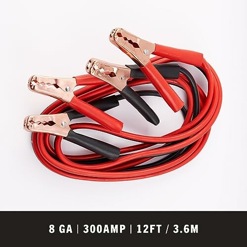 Red and black jumper cables with clamps, 8 GA 300 AMP, 12FT 3.6M