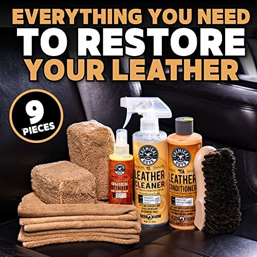 A nine-piece leather restoration kit with cleaner, conditioner, towels, and brush.