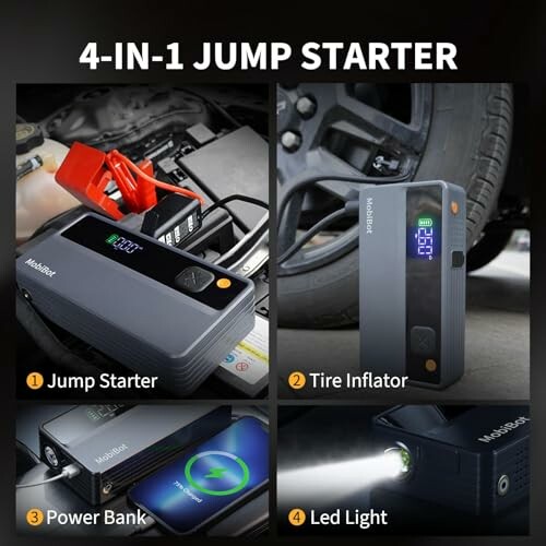 4-in-1 device: jump starter, tire inflator, power bank, LED light