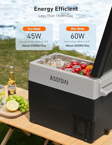 Portable cooler on picnic table with drinks, highlighting energy efficiency modes.