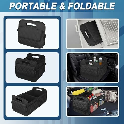 Collapsible black storage organizer for car and home use.