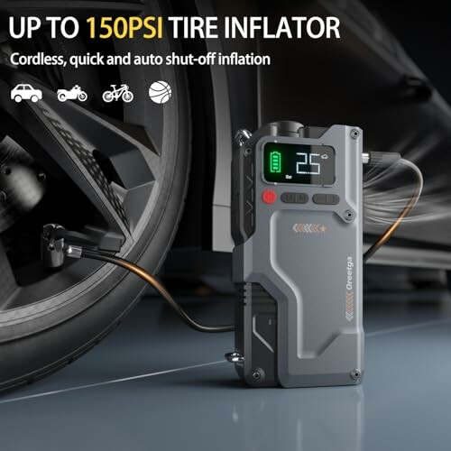 Portable tire inflator next to a car wheel, displaying 25 PSI.