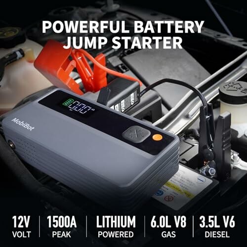 Powerful battery jump starter with various engine compatibility options.