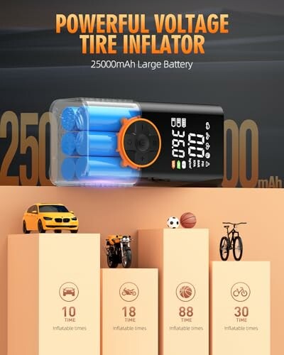 Powerful voltage tire inflator with large battery and usage times for various items.