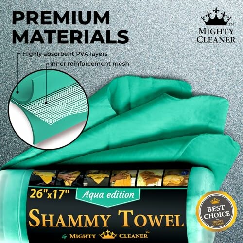 Premium materials shammy towel with absorbent PVA layers and reinforcement mesh.