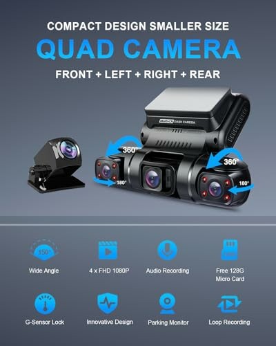 Quad camera with front, left, right, rear views, compact design.