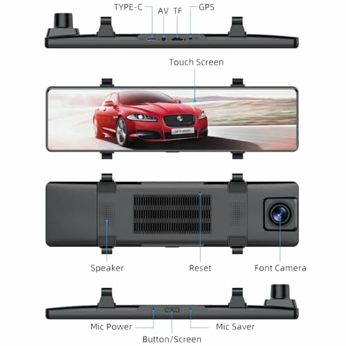 Rearview mirror dash cam with touch screen and front camera.