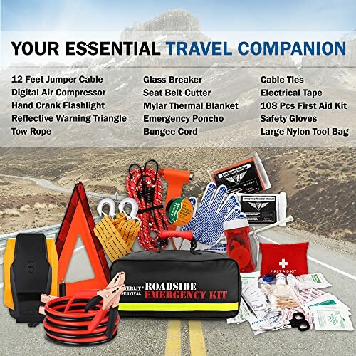 Contents of a roadside emergency kit including jumper cables, air compressor, flashlight, warning triangle, and more.