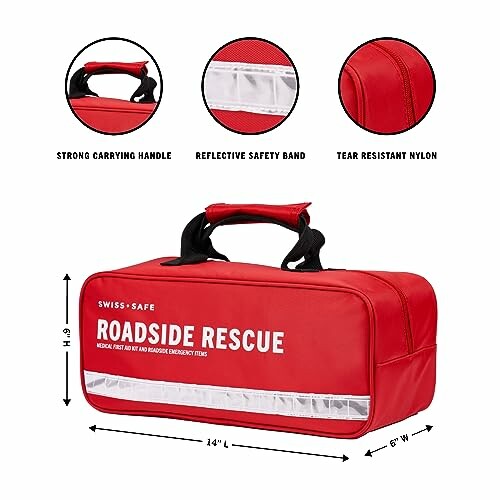 Red roadside rescue kit with carrying handle, reflective safety band, and tear-resistant nylon.