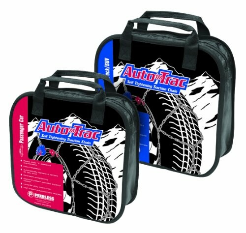 Two carrying cases for tire chains with mountain design.