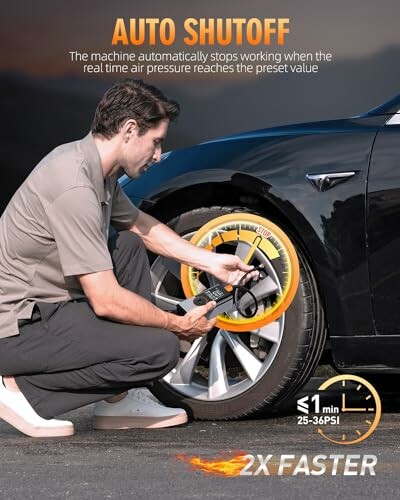 Person using a tire inflator with auto shutoff feature on a car tire.