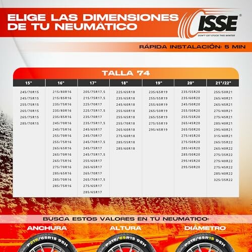 Tire size chart with options for different dimensions and quick installation advice.