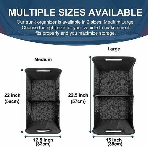 Comparison of medium and large trunk organizers with dimensions.