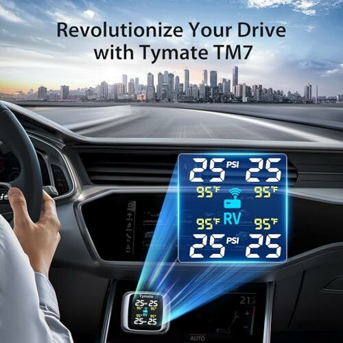 Tymate TM7 tire pressure monitor display in a car with cityscape background.