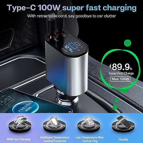 Type-C 100W car charger with retractable cord and digital display.