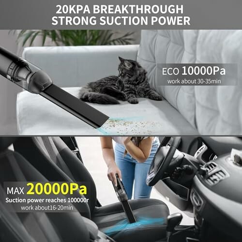 Vacuum cleaner with strong suction power used on sofa and car seat.