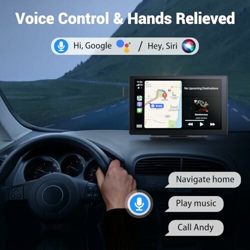 Car dashboard with voice control features displayed on screen