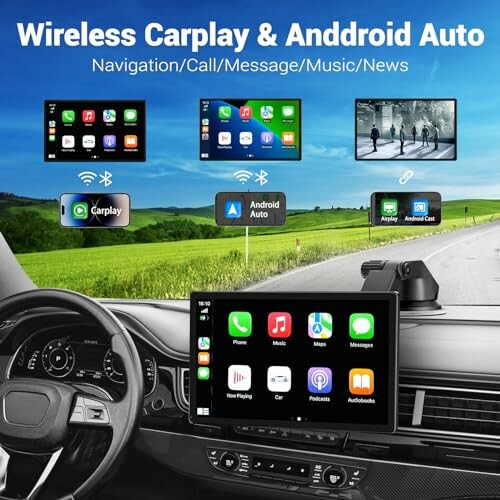 Car dashboard with wireless CarPlay and Android Auto interface on screen